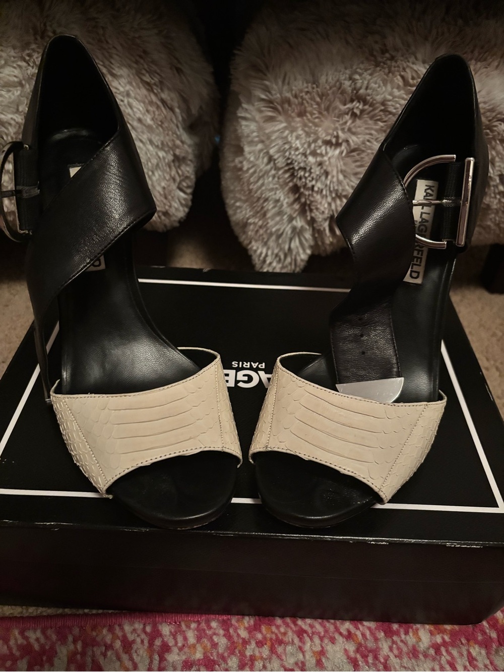 Karl Lagerfeld Black and Cream Open-Toe Leather Heels with Ankle Strap
